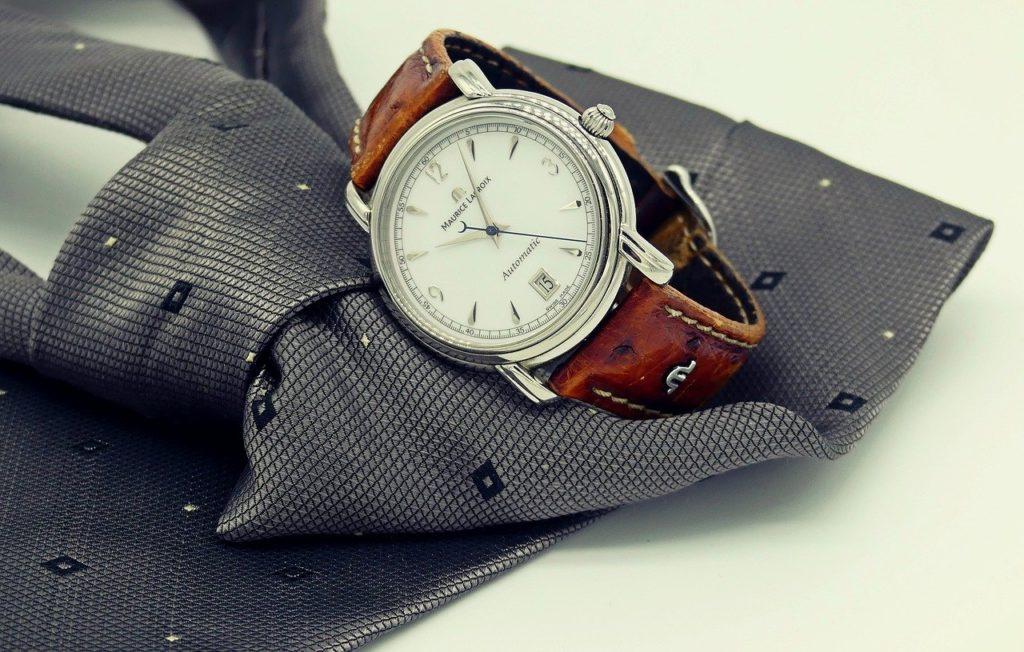 wrist watch, clock, tie