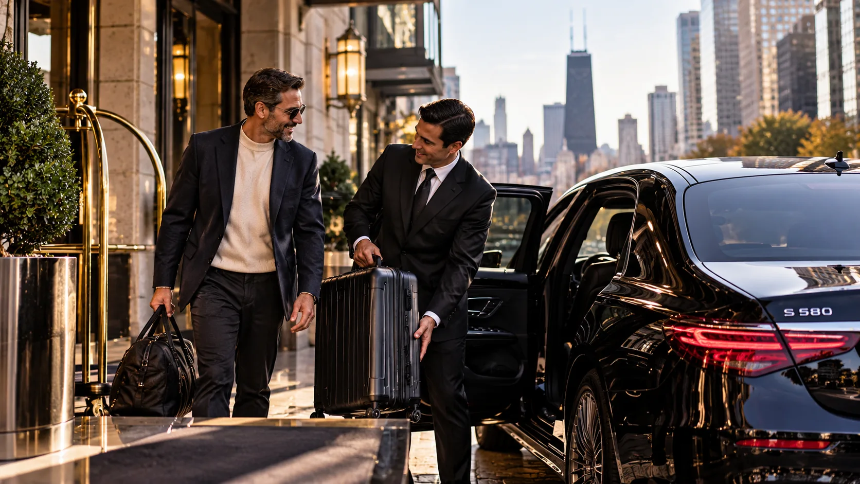 Chauffeur helping a passenger with luggage beside a black Mercedes-Benz S-Class in Chicago