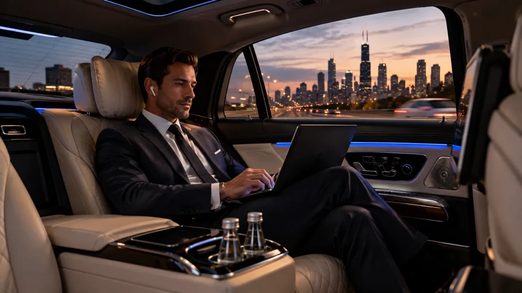 Passenger working in the rear cabin during a private City-to-City chauffeur trip