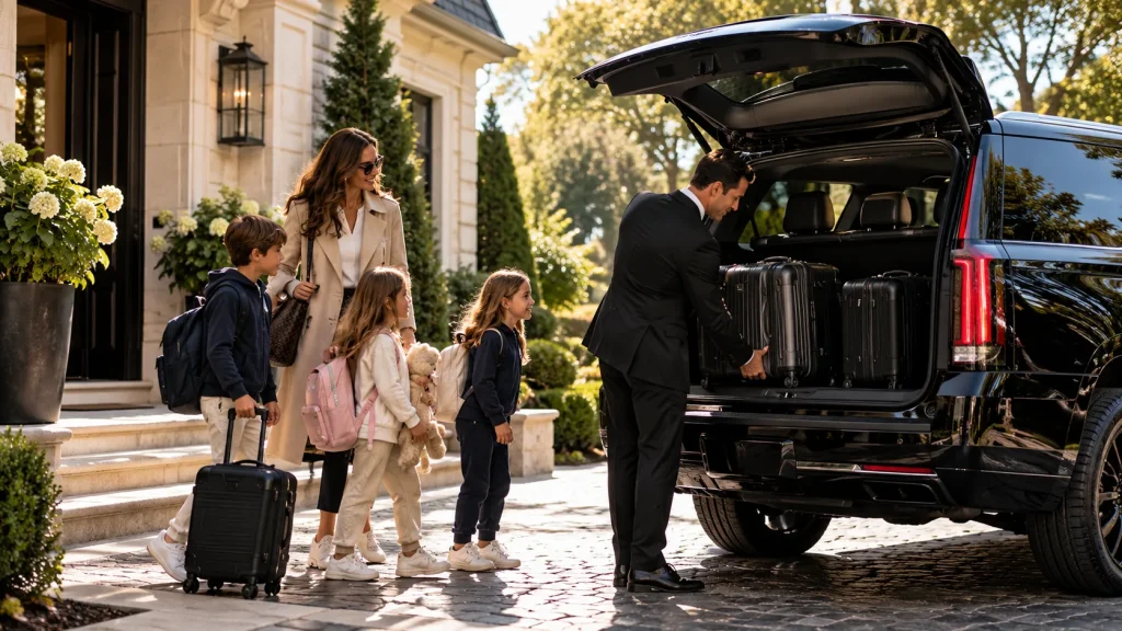 Chauffeur loading luggage into a black SUV as a family leaves home for the airport