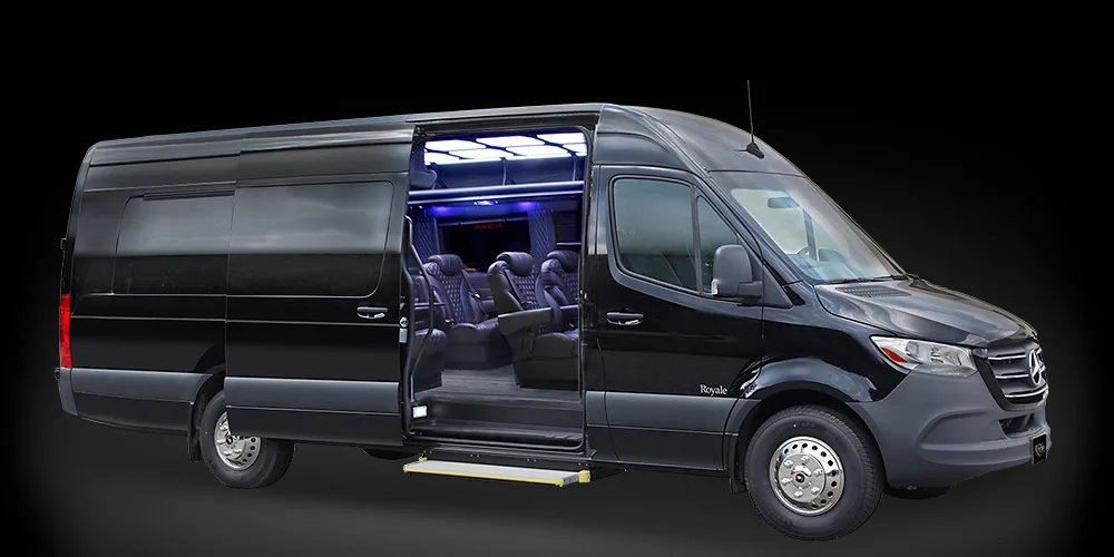 Mercedes-Benz Sprinter with the side door open, showing passenger seating
