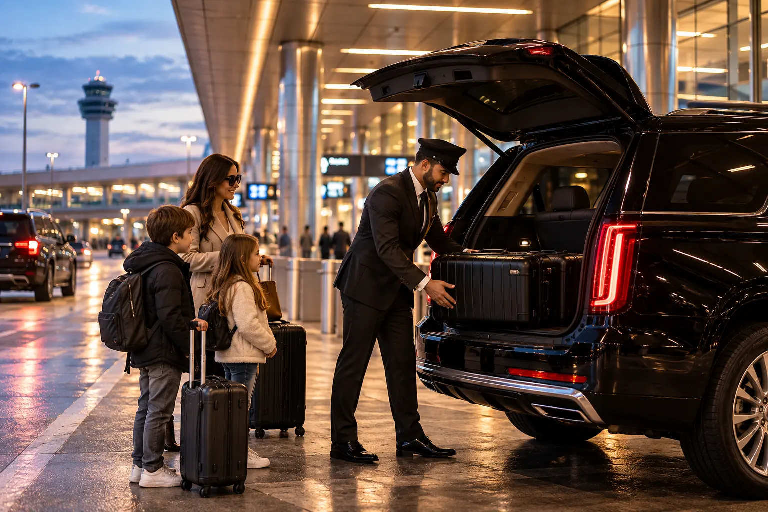 Chauffeur loading a family's suitcases into a black SUV at the airport arrivals curb